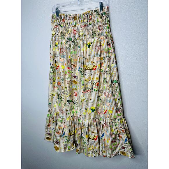 Rhode Artie Shirred Waist Ruffle Hem Printed Cotton Poplin Midi Skirt XL - Picture 6 of 16
